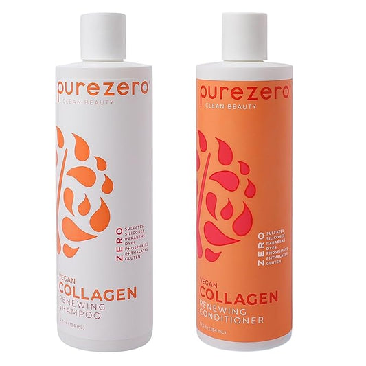 PureZero Vegan Collagen Shampoo & Conditioner Set - Strengthening & Hydrating Clean Beauty Duo for Dry or Damaged Hair – Plant-Based Collagen, Sulfate-Free, Paraben-Free, Cruelty-Free, 2 × 12 oz