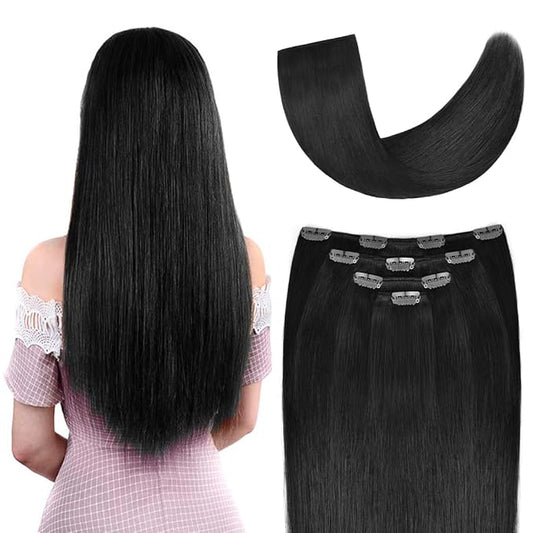 22" Clip in Hair Extensions Real Human Hair for Women - Silky Straight Jet Black Human Hair Clip in Extensions 90grams 4pieces #1 Color