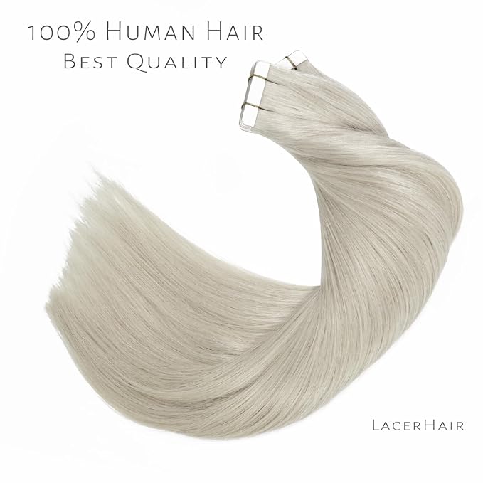 Lacer Tape in Hair Extensions Silky Straight 14 Inch Silver Grey Adhesive Tape in Hair Extensions 100 Percent Remy Human Hair Soft Glue in Brazilian Hair Extensions 20 Pcs 50 Grams