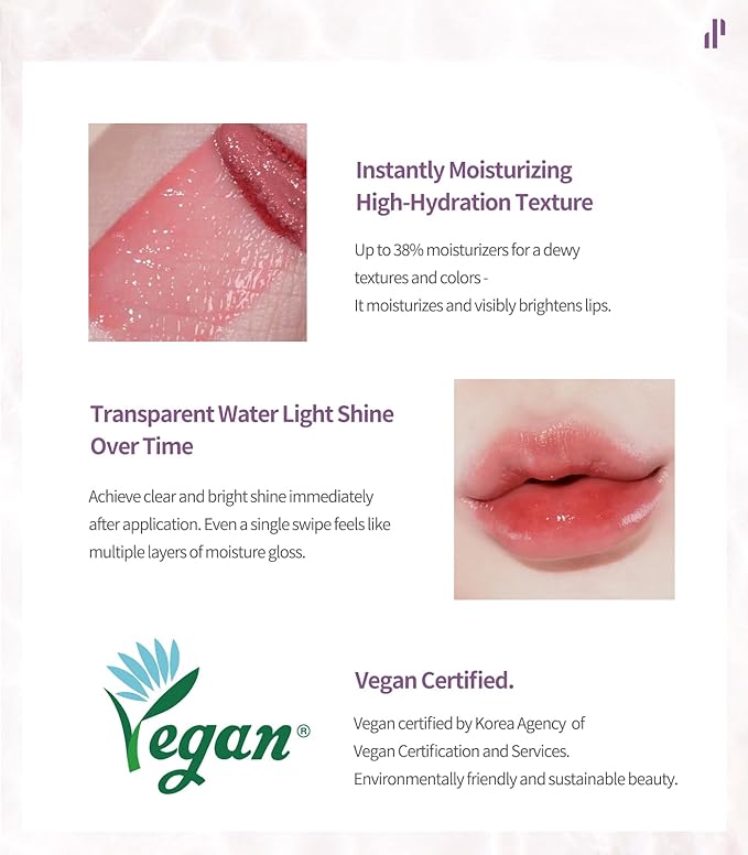 Heart Percent Dote On Mood Pure Glow Tint, Watery & Lightweight Moisturizing Lip Stain Long Lasting Liquid Lipstick 6.8g, #02. Pink Rose