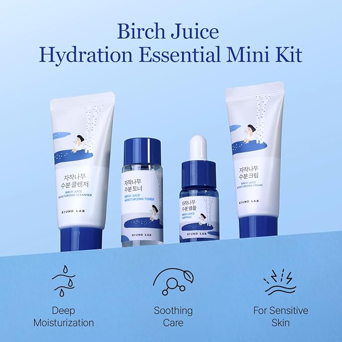 ROUND LAB Birch Juice Moisturizing Mini Kit, 4-Step Travel Size Skincare Set (Cleanser, Toner, Serum, Cream) | Korean Moisturizer, Hydrating Routine | For Acne-Prone, Sensitive Skin | Beauty Gift Set