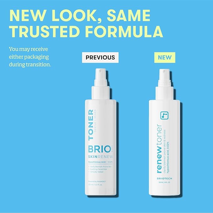 BRIOTECH Renew Toner, Hypochlorous Acid Spray, Minimize Appearance of Blemishes, Soothing Facial Mist for Sensitive Skin, Calm Redness & Bumps, Vegan, 2 fl oz Travel Size (2 Pack)