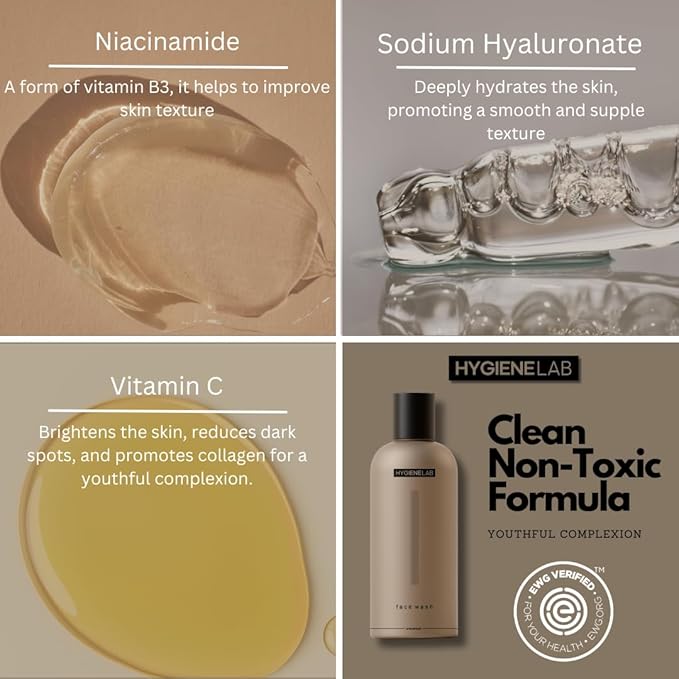 HygieneLab Face Wash – EWG Verified, Gentle & Hydrating Cleanser with Aloe, Niacinamide & Vitamin C, Removes Dirt Without Stripping Skin (5 fl oz)