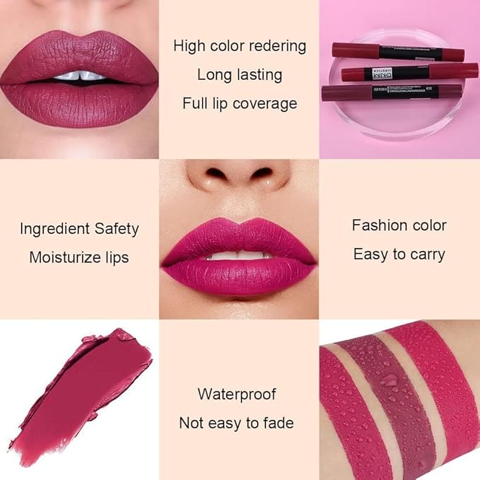 Generic Deep Dark Red Matte Lipstick and Lip Crayon Liner Pencil Pen Set for Women Lip Stain Long Lasting Waterproof labiales (3, 02&12&14)