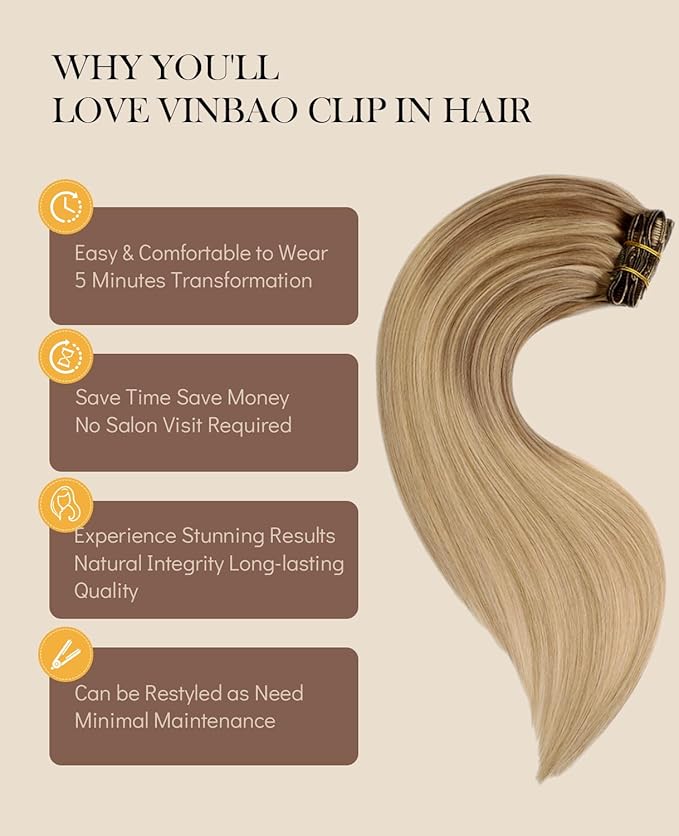 VINBAO Human Hair Extensions Clip in Balayage Light Brown to Caramel Blonde 16 Inch 100g 6pcs Remy Clip in Hair Extensions Straight Thick Hair Extension (#10/16/16, 16'')