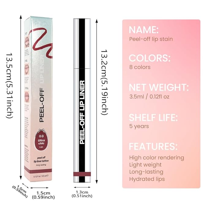 Matte Lip Stain Peel Off Lip liner with Tweezer, Brownish Red Peel Off Lip Stain, Long Lasting Waterproof Lipstick Lip Gloss Tattoo, Transfer-proof for All Skin Types, 0.12 fl oz 03#