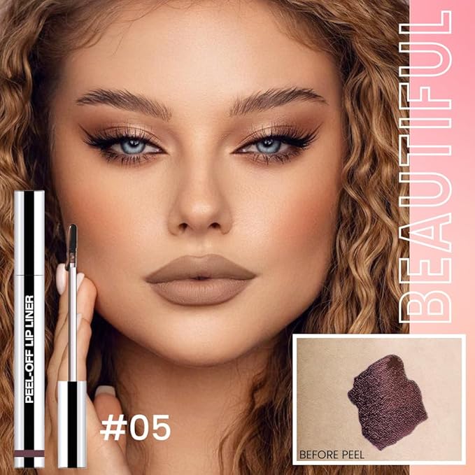 Peel Off Matte Liquid Lip Gloss Stain-Lip Liner with Tweezer, Dark Brown Peel Off Lip Stain, Long Lasting & Waterproof Lipstick Tattoo, Transfer-Proof Lip Gloss for All Skin Types (05#, 1Pcs)
