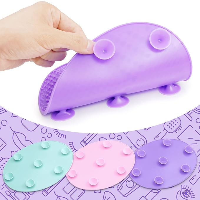 Makeup Brush Cleaner Mat Silicone Brush Cleaning Mat Big Size Make Up Brush Clean Pad with Suction Cup for Makeup Brush Cleaning (Purple)