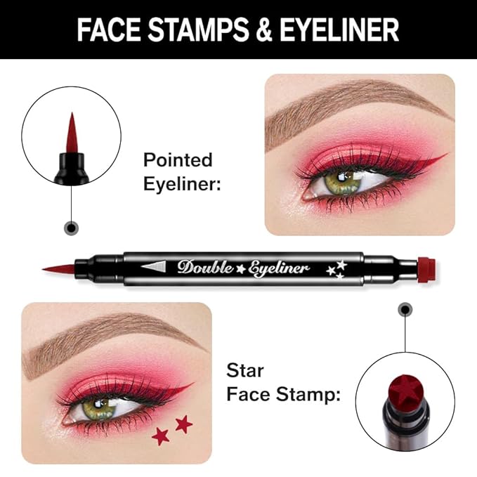 evpct 1Pcs 2-in-1 Red Colored Winged Eyeliners Stamp, Red Stars Face Stamps Makeup, Waterproof Eyeliner Eye Stamp Liners Tool Set Kit for Womem, Wing Eyeliner Stamp Figures Tool Wingliner Shapes, 10#