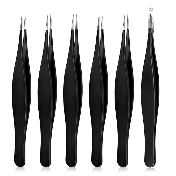 Honoson 6 Pieces Tweezers for Ingrown Hair Remover Pointed Blackhead Remover Point Tip Tweezers Stainless Steel for Nose Facial Hair Eyebrow and Shards(Black)