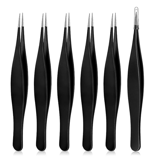 Honoson 6 Pieces Tweezers for Ingrown Hair Remover Pointed Blackhead Remover Point Tip Tweezers Stainless Steel for Nose Facial Hair Eyebrow and Shards(Black)