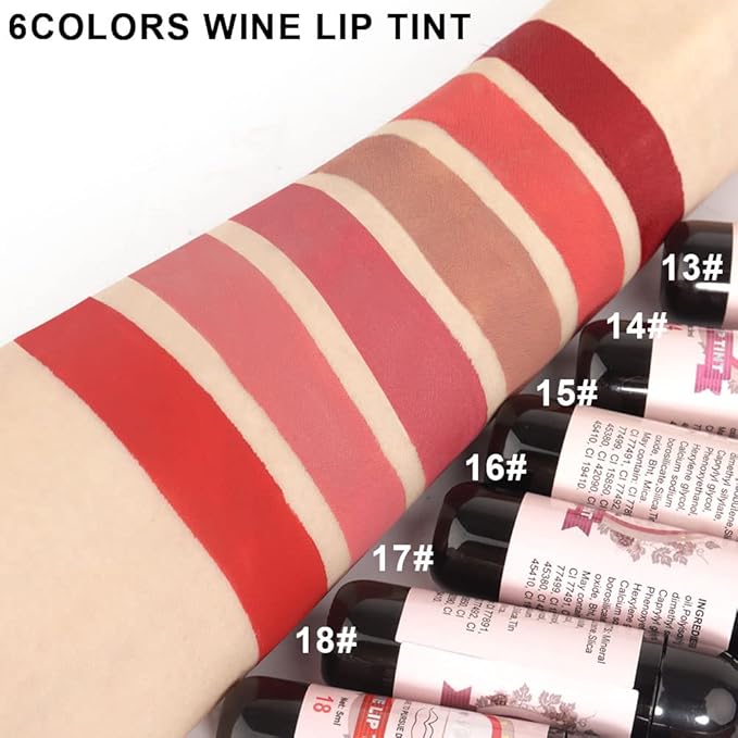 evpct 6Pcs Wine Bottle Lip Tint Stain 6 Colors Waterproof Red Matte All Day Liquid Lipstick Lip Gloss Sets for Women Magic Lipstick 24 Hours Original labiales magicos 24 horas originales Peel off 03