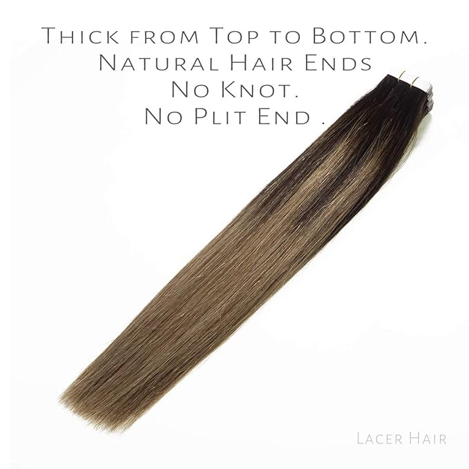 Lacer Brown Tape in Hair Extensions Human Hair Balayage Seamless PU Skin Weft Ombre Darkest Brown to Chestnut Brown Color Double Side Hair Extensions Tape in Human Hair 100g 40pcs/set 20 Inch B#2/6