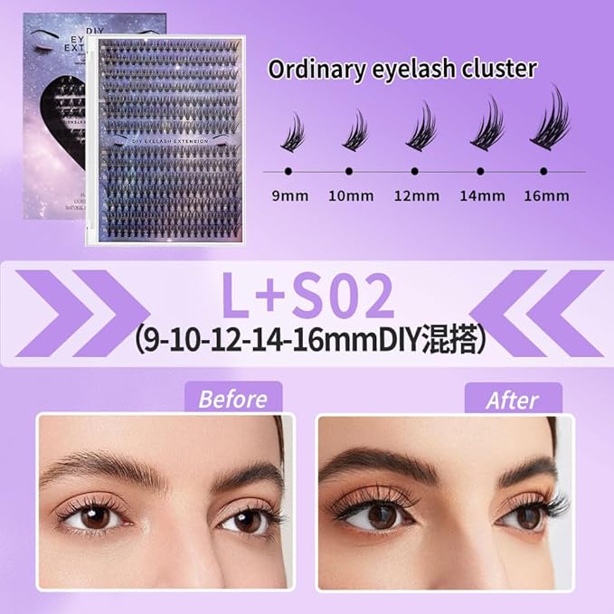 DIY Lash Clusters Kit, Lash Extension Kit, Natural Volume Lash Extensions, Wispy Eyelash Clusters, Faux Mink Fiber Lashes, Individual Lashes Kit, 280PCS, 9-16mm, D Curl, 4#L+S02