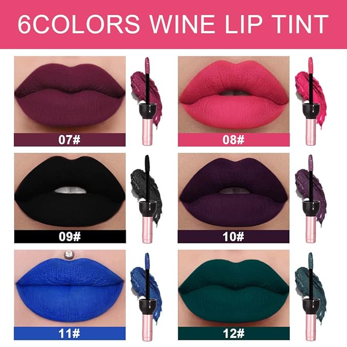 evpct 6 Colors Dark Black Blue Green Purple Rose Red Matte Liquid Lipstick for Women, Wine Lip Tint Stain Makeup Sets Long Lasting Waterproof Wine Bottle Colored 24 Hours Lipstick Lip Stain Peel off