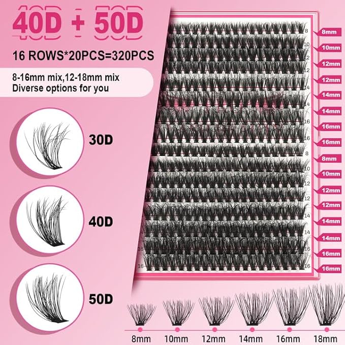 Lash CIusters 320Pcs Individual Lashes 3D Wispy Cluster Lashes Natural Look Eyelash Clusters Faux Mink Wispy Lashes 40D+50D-C Mixed DIY Lash Extension (3D Wispy-40D+50D-C,8-16mix)