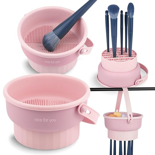 Makeup Brush Cleaner Mat 3 in 1 Silicone Makeup Brush Cleaner Bowl Cosmetic Brushes Cleaning Tool Makeup Cleaner for Brushes (Pink) (Pink)