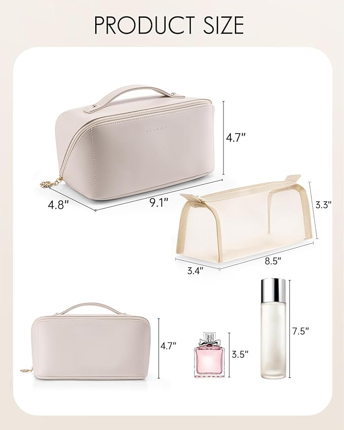 Vlando Travel Makeup Bag,Gifts for Women Large Capacity Toiletry Bag for Women Wide Open Cosmetic Organizer with Divider and Handle(White)