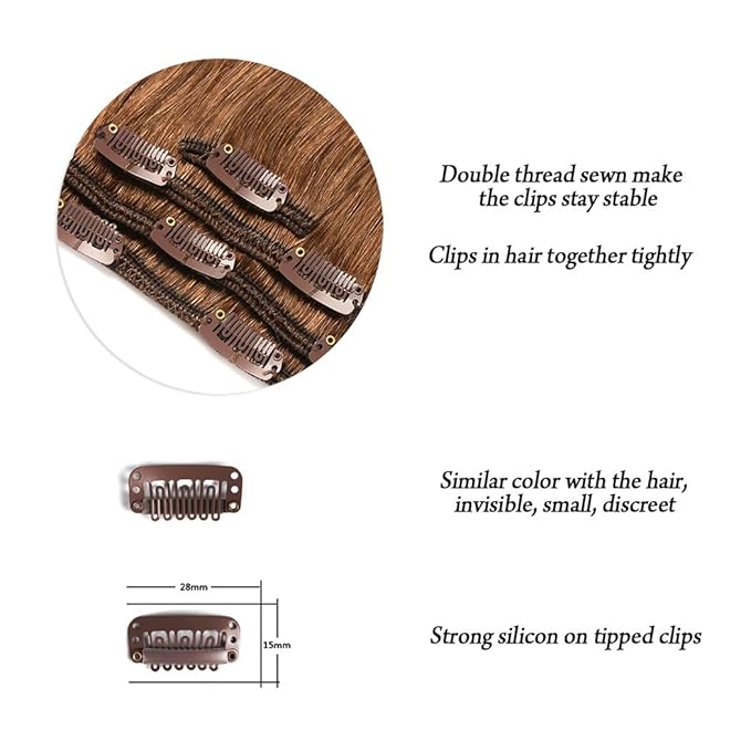 16" Clip in Hair Extensions Remy Human Hair for Women - Silky Straight Clip in Hair Extensions Human Hair 55grams 4pieces Chestnut Brown #8 Color