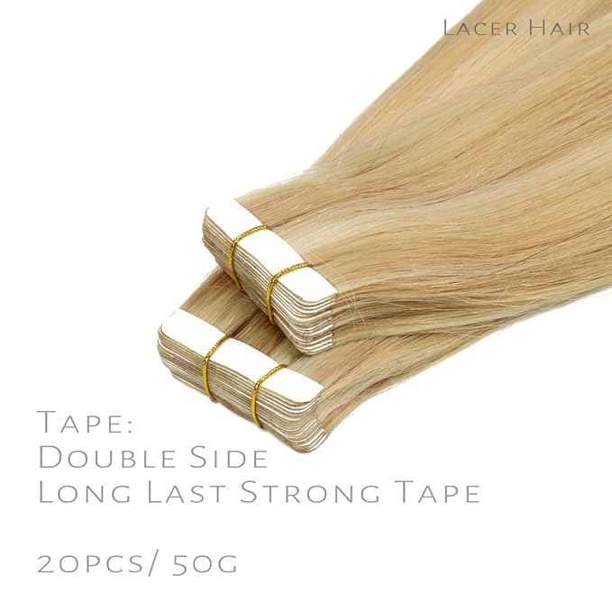 Lacer Tape in Human Hair Extensions Golden Blonde to Platinum Blonde 20 Inch 100G 40Pcs Seamless Tape in Hair Extensions Human Hair Skin Weft