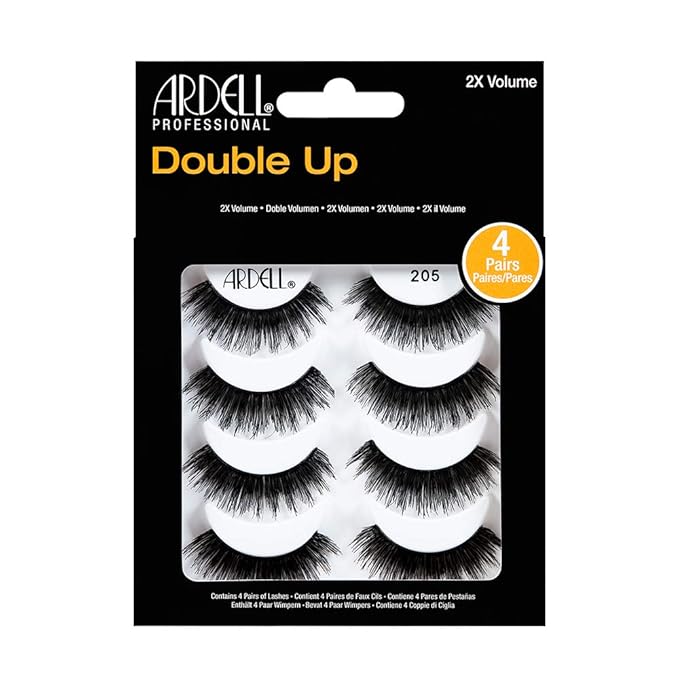 Ardell False Eyelashes Double Up 205 - Black, Dramatic Volume & Length Strip Lashes, Reusable Fake Lashes, 4 Pack