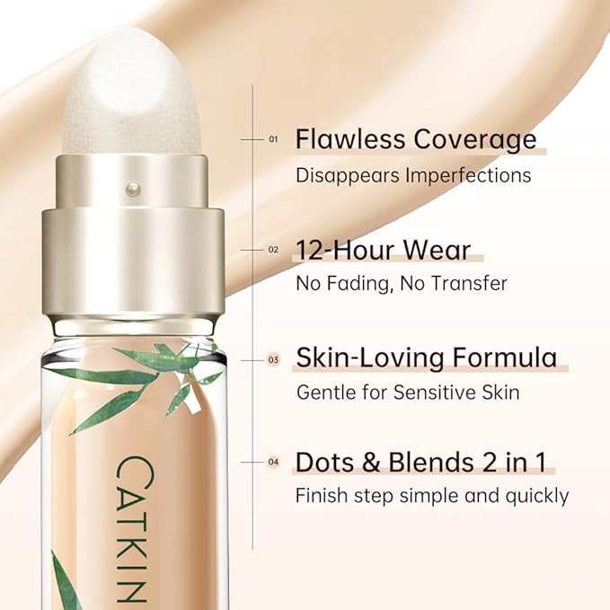 CATKIN Full Coverage Dual-Ended Liquid Concealer Eraser Dark Circles Treatment, Creamy Blendable smooth formula for Blemishes Redness, Long Lasting Waterproof, Sponge Tip Included 5g C05 SAND