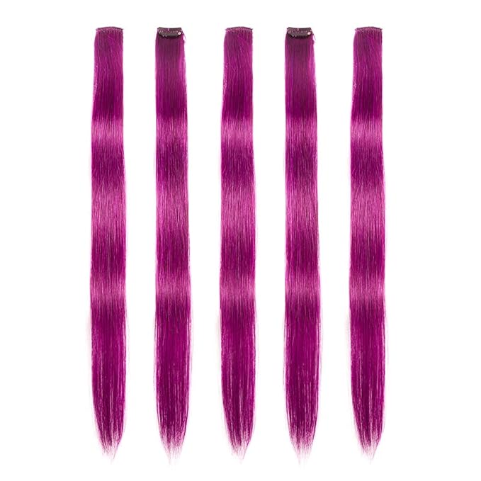 Winsky Purple-red Clip in Colored Hair Extensions 100% Real Human Hair - Straight Highlights Girls Clip on Hairpieces 5 Pieces/Set (18inch, Purple-red）