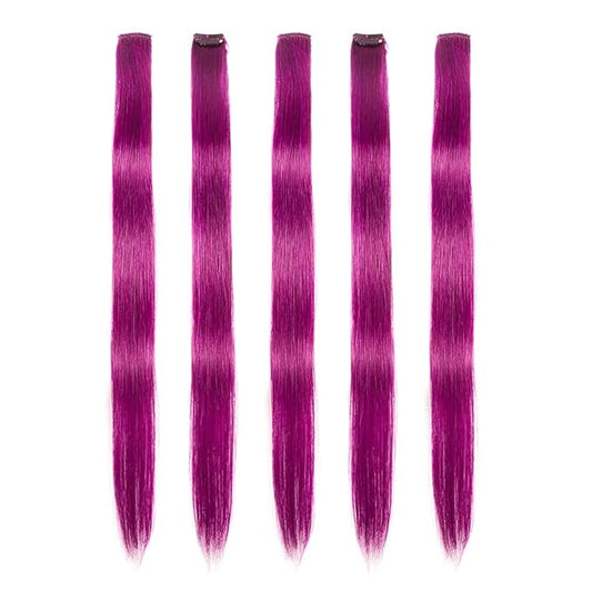 Winsky Purple-red Clip in Colored Hair Extensions 100% Real Human Hair - Straight Highlights Girls Clip on Hairpieces 5 Pieces/Set (18inch, Purple-red）