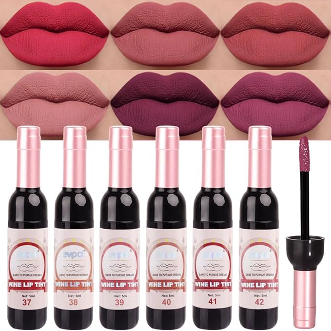 evpct Wine Bottle Lip Tint Stain 6 Colors Set Rose Red Chestnut Nude Brown Dark Plum Purple Matte Long Lasting 24 Hour Liquid Lipstick Set for Women labiales mate 24 horas originales labiales magicos
