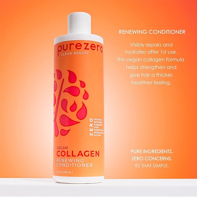 PureZero Vegan Collagen Shampoo & Conditioner Set - Strengthening & Hydrating Clean Beauty Duo for Dry or Damaged Hair – Plant-Based Collagen, Sulfate-Free, Paraben-Free, Cruelty-Free, 2 × 12 oz