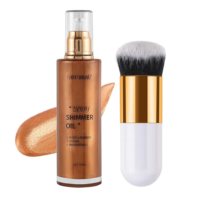 SAM SUGAR Shimmer Body Oil 3.38 Fl OZ Long Lasting Liquid Illuminator with Brush for Body Glow Illuminating Body Moisturizer 100ml Body & Face Highlighter for a Radiant Glow（02#）