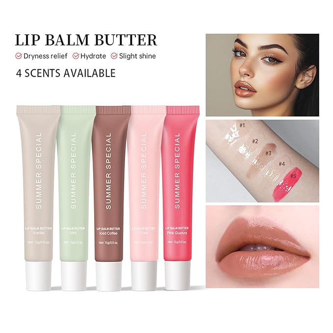 5Pcs Summer Lip Glossy Butter Balm Set, Instant Moisture Sheer Tint, Non-Sticky, Conditioning Formula to Soothe & Repair Dry, Chapped Lips, Jelly Lip Stain with Natural Scent (#1+2+3+4+5, 5Pcs)