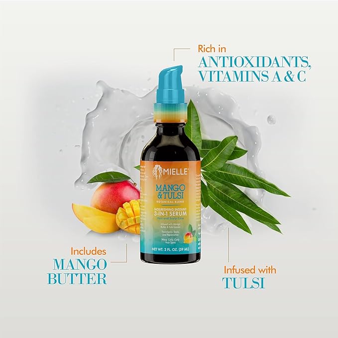 Mielle Organics Mango & Tulsi Nourishing 3-in-1 Hair Serum - Hair & Scalp Serum for Frizz Control, Split Ends & Moisture Balance - Strengthens & Seals Cuticles with Nutrients (12 Fl Oz)