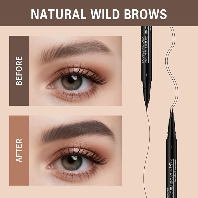 Microblading Eyebrow Pen, Dual-Ended Brow Pencil with 2-Fork-Tip and Precise Brush, Waterproof Longer Lasting Eyebrow Pencil, Microblade Eyebrow Pencil Create Natural Hair-Like Strokes (Black Brown)