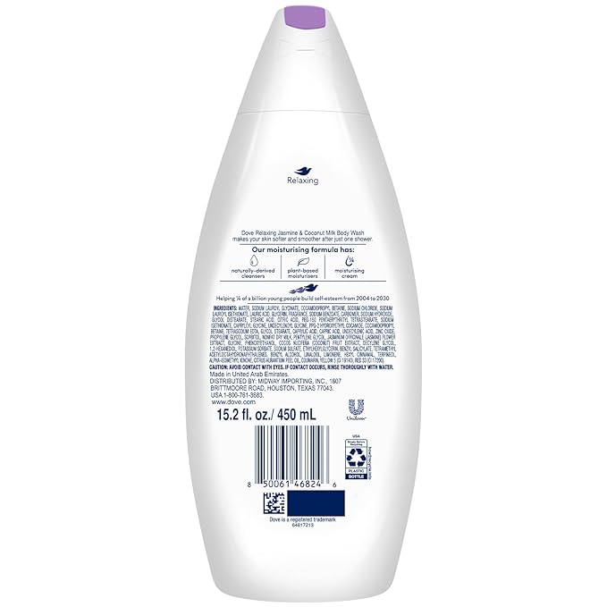 Dove Body Wash Relaxing 4-Pack – Jasmine & Coconut Milk for Softer, Smoother Skin, 15.2 Oz Ea