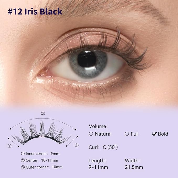 Soft Magnetic Eyelashes Kit with Applicator, No.12 Iris Black BearisBug, Reusable Glue-free Wispy Magnetic Lashes, Cruelty-free False Lashes, Waterproof, Lightweight, Suit for Heavy Makeup