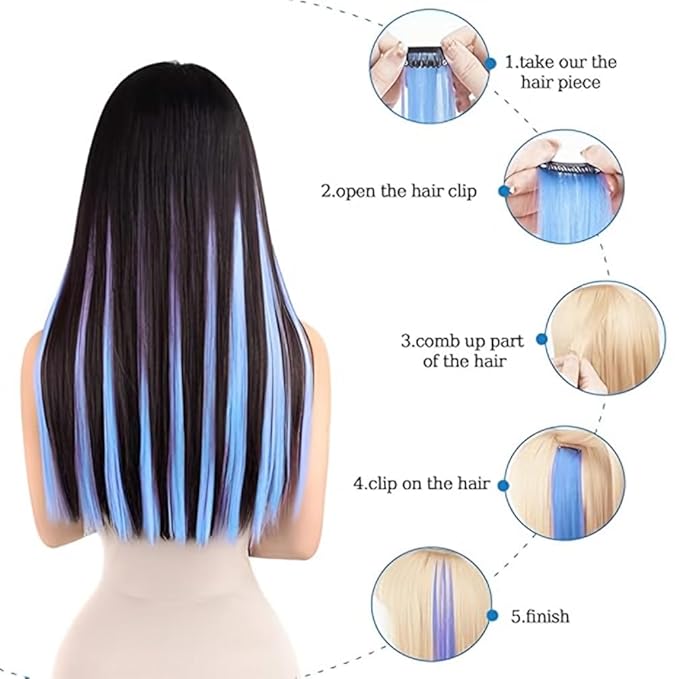 Winsky Colored Clip in Hair Extensions 100% Real Human Hair -Straight Highlights Colored Clip on Hairpieces 5 Pieces/Set (18inch, Pink, Purple, Red, Blue, Burgundy)