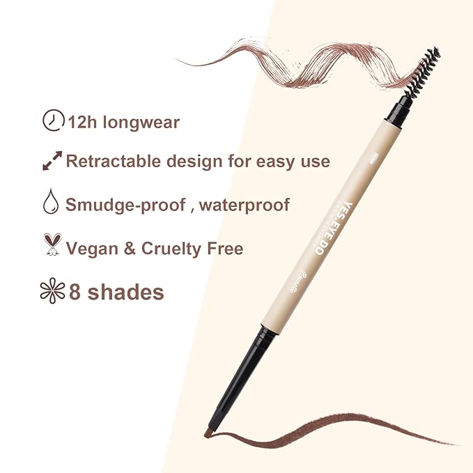 Eyebrow Filler Pencil Brown, Dual-sided Eyebrow Microfilling Pen with Spoolie Brush, Automatic Long Lasting Eyebrow Pencil for Women, Create Hair Like Stroke for Brow Lamination, Chestnut, YES.EYE DO