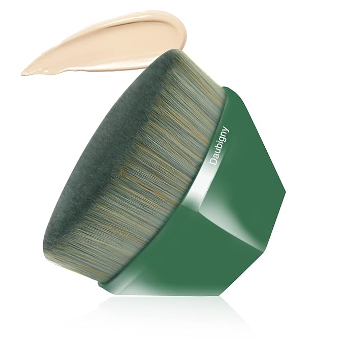 Foundation Makeup Brush Flat Top Kabuki Brush Hexagon Face Blush Liquid Powder Foundation Brush for Blending Liquid, Cream or Flawless Powder Cosmetics with Bonus Protective Case (Green)