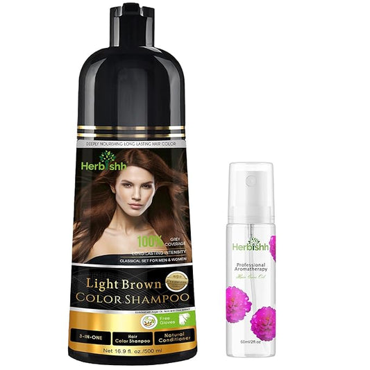 Herbishh Light Brown Hair Color Shampoo - 3-In-1 Magic Dye for Gray Hair 500 Ml + Essential Flower Hair Oil - Organic Formula for Dry, Damaged Hair 60 ML