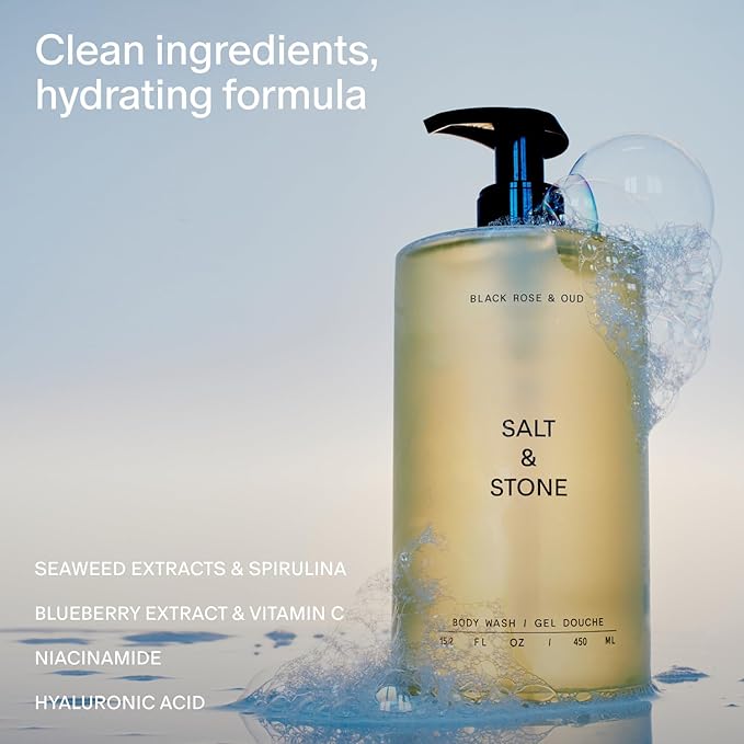 Salt & Stone Body Wash with Antioxidants for Deep Moisture | For Women & Men, Sulfate, Paraben, & Dye Free, Leaving Skin Soft and Hydrated | Black Rose & Oud 32 fl oz
