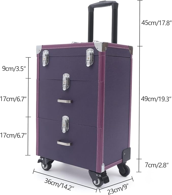 Makeup Train Case, Rolling Makeup Trolley Case, 3 Tiers Lockable Nail Polish Organizer with 2 Keys 4 Wheels (2 with Brakes) for Travel Makeup Artists Nail Technicians (Purple Case, Silver Lock)