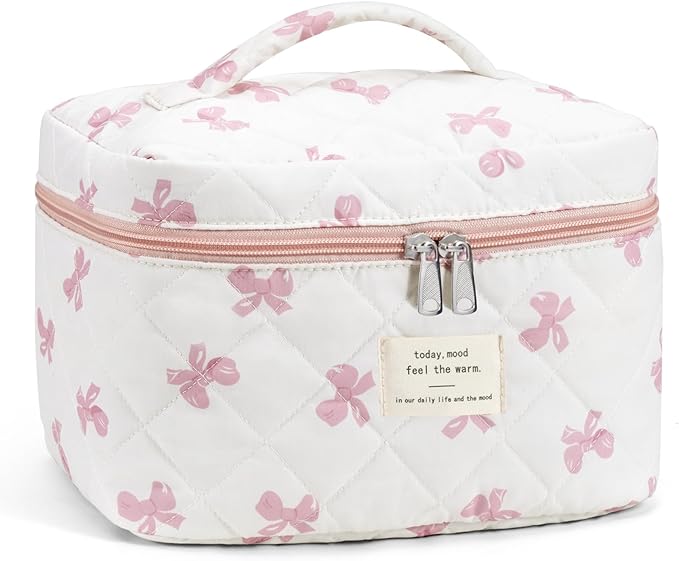 Makeup Bag for Women Quilted Cotton Make Up Bag Travel Cosmetic Bag Large Makeup Bag Cute Bow Makeup Bags Organizer Floral Toiletry Bag Makeup Pouch for Purse, Pink Bow