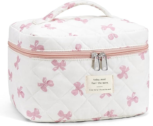 Makeup Bag for Women Quilted Cotton Make Up Bag Travel Cosmetic Bag Large Makeup Bag Cute Bow Makeup Bags Organizer Floral Toiletry Bag Makeup Pouch for Purse, Pink Bow