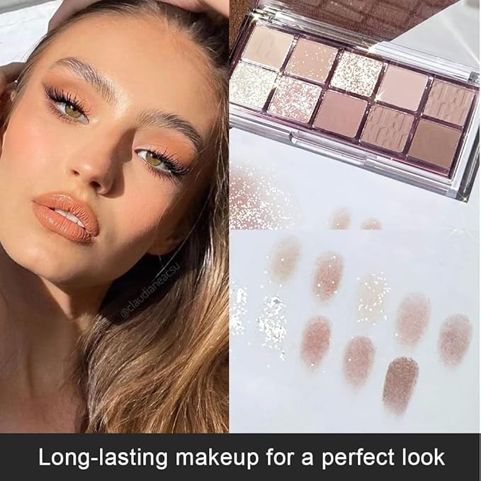 10Colors Light Brown Nude Silver Eyeshadow Palette Makeup,Natural Neutral Eye Shadow,Naturing-Looking Long Lasting Waterproof Blendable Hypoallergenic Suitable for Beginners