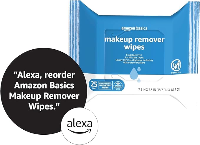 Amazon Basics Makeup Remover Wipes, Gentle Cleansing, Dermatologist Tested, Fragrance-Free, Plant Based, Alcohol-Free, Removes Waterproof Mascara, 25 Count Per Pack, Pack of 1