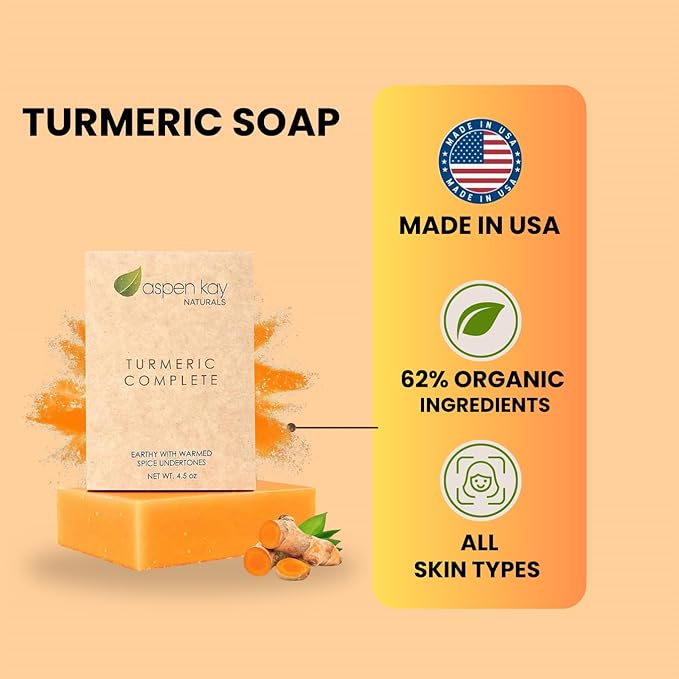 Aspen Kay Naturals Turmeric Soap for Face & Body - With Organic Shea Butter, Chamomile & Calendula - Gentle Turmeric Face Wash, All Skin Types, Made in USA 4.5 oz Bar