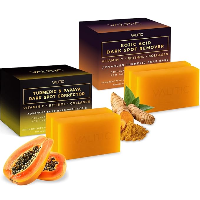 VALITIC Papaya and Turmeric Kojic Acid Soap Bar - Dark Spot Corrector Skin Care Cleansing Bar - Infused with Vitamin C, Hyaluronic Acid, Collagen - Papaya 2 Pack, Kojic 2 Pack