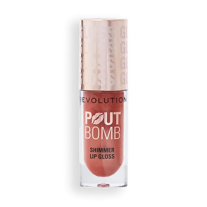 Revolution Beauty London, Pout Bomb Shimmer Gloss, High-Shine Lip Gloss & Shimmer for Glossy Lips with Hyaluronic Acid & Sweet Vanilla Scent, Nude Glow, 0.15 oz
