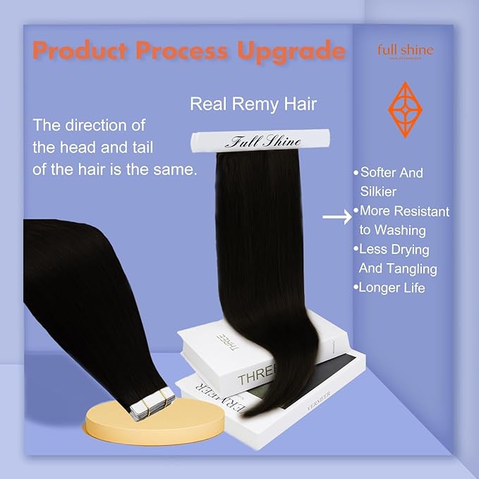 Full Shine Tape in Extensions Human Hair 14 Inch Color 1 Jet Black Pu Remy Tape in Hair Extensions Straight Hair 20 pcs Seamless Tape ins Skin Weft Glue in Human Hair Extension 50 Gram Add Volume
